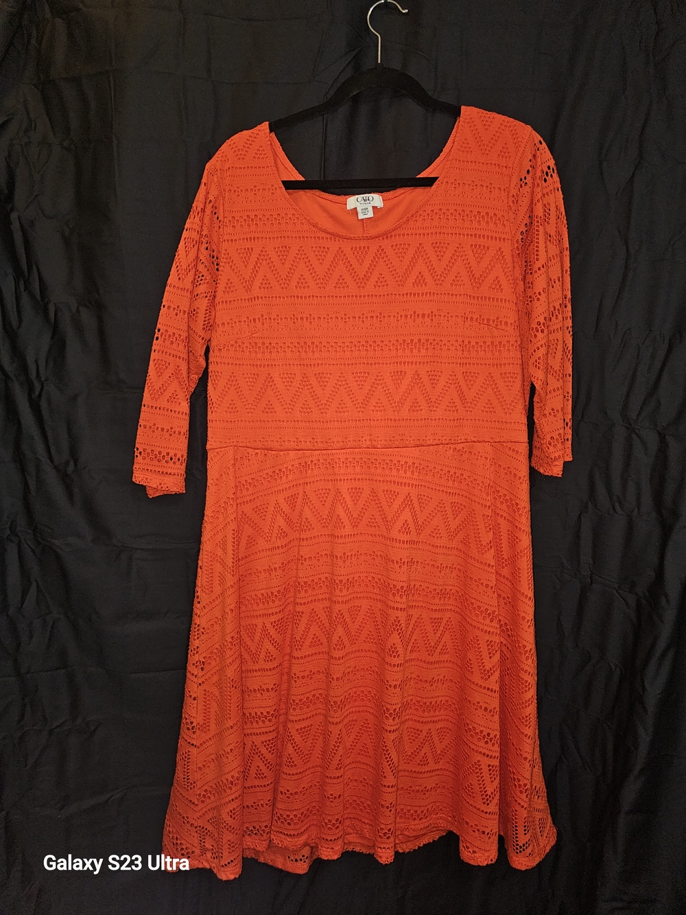 Cato Orange Crochet Fit & Flare Long Sleeve Dress